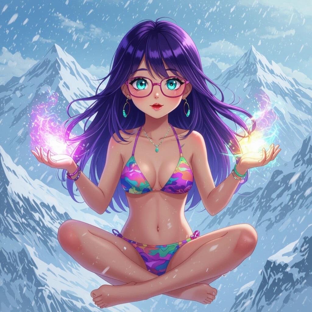 Young girl with long purple hair and turquoise eyes wearing glasses sitting in midair with legs crossed magical aura around her hands colorful bikini frozen mountaintop background snow and wind