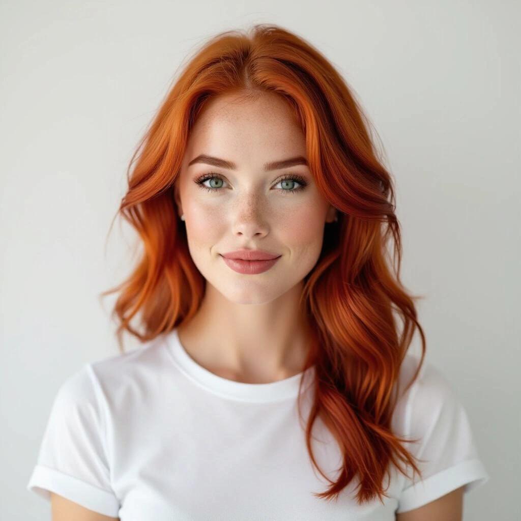 Portrait of a woman with long red hair smiling. She is wearing a plain white t-shirt against a light background. Natural makeup enhances her features.