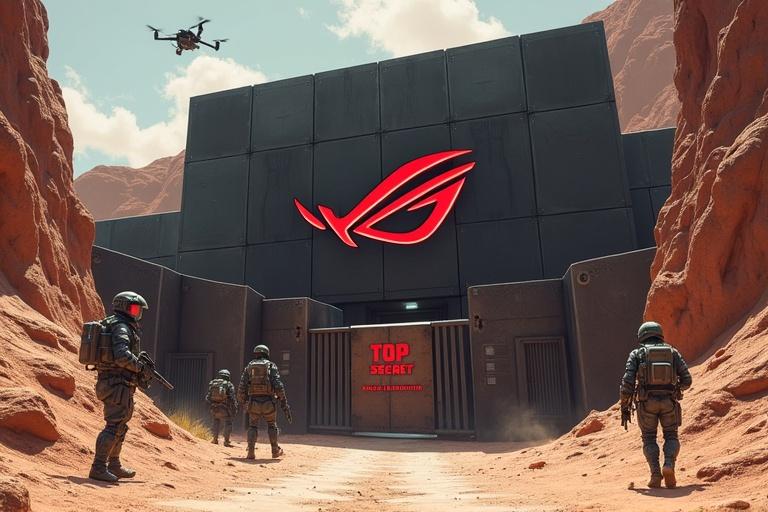 Conceptual illustration of a top-secret base in a desert canyon. Structure is semi-buried black concrete with a large red ASUS ROG logo. Blackened steel grille bars the entrance with a sign reading TOP SECRET. Soldiers in futuristic armor patrol with weapons. Surveillance drones hover above. Semi-realistic art style with warm colors and low-angle perspective.