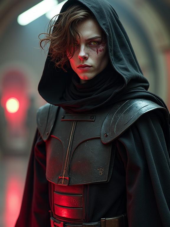 Photorealistic character in black robe and armored breastplate holding a black-bladed lightsaber. Sickly-looking young man with messy brown hair and stark white skin. Eyes vibrant yellow with red rims. Standing in a military setting with an eerie red glow.