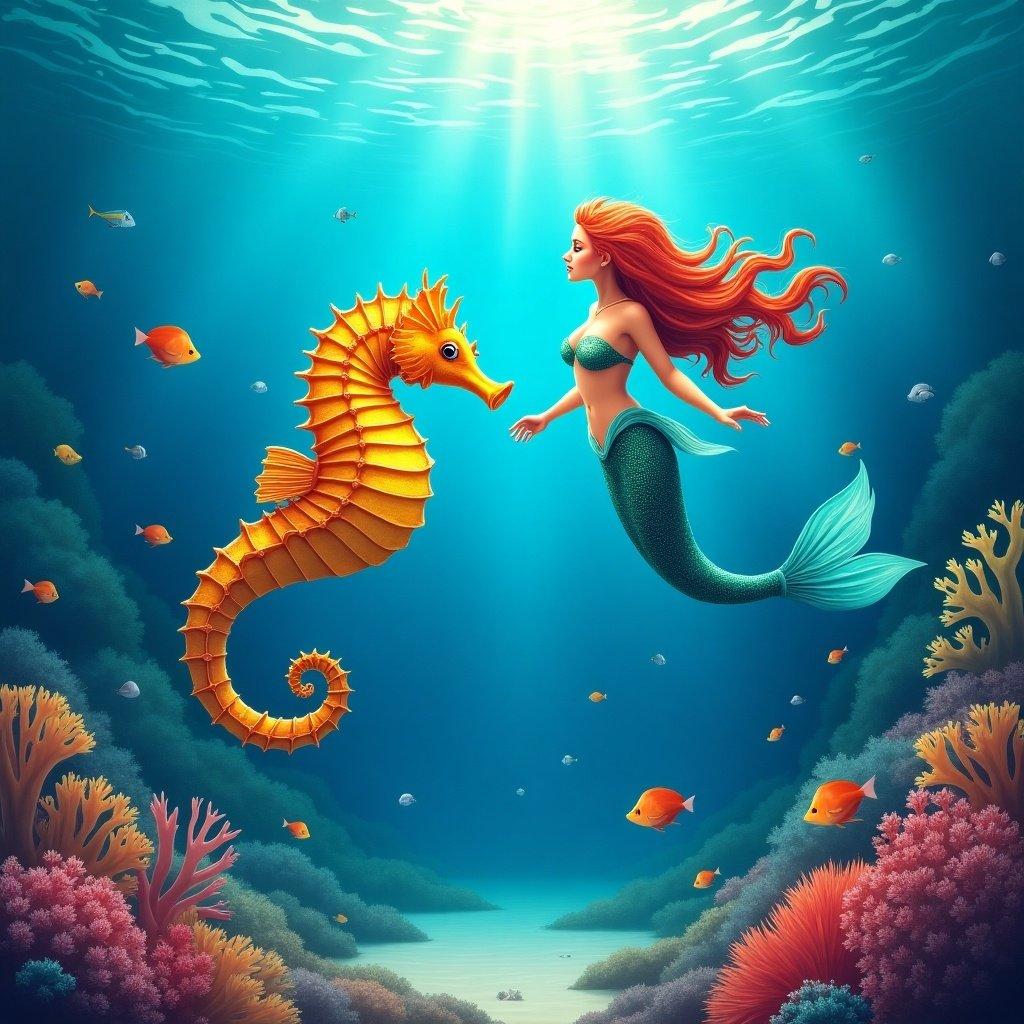 Image of a colorful mermaid interacting with a seahorse underwater. Scene set in South Padre Island. Bright underwater lighting and diverse fish nearby.