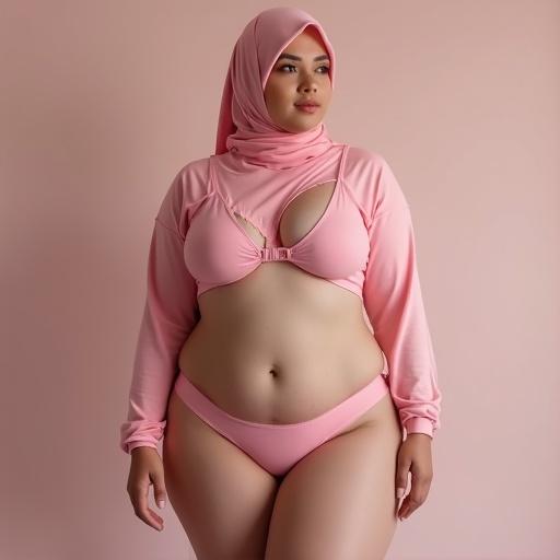 A beautiful hijabi woman poses confidently. She wears thin pink lingerie and a short hijab. The model is tall and curvy, featuring wide hips and a well-sized chest with natural chubbiness.