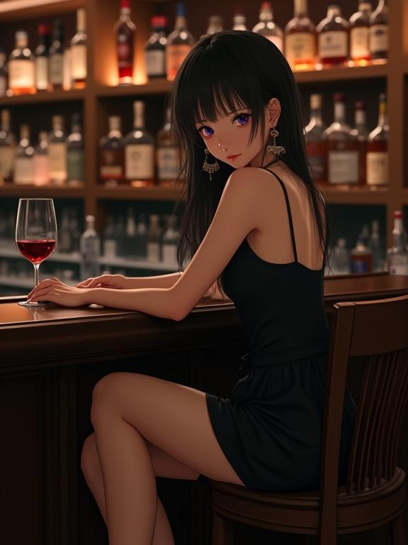 A realistic photo of a beautiful Japanese idol sitting on a wooden chair at a bar. Wearing a black dress and oversized earrings. She is at the bar counter. A glass of red wine is on the counter. Behind the counter are many bottles of whiskey and bourbon. The setting is dark with soft lighting.