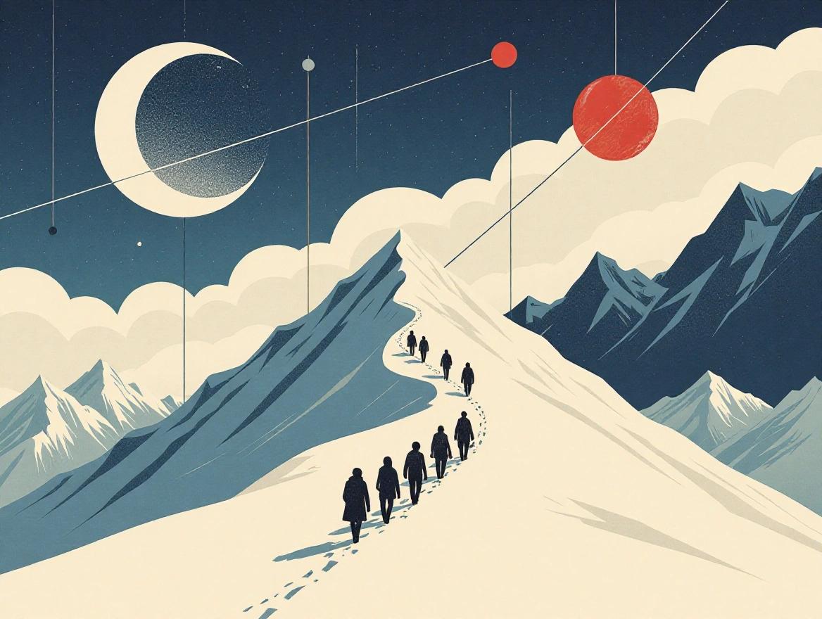 Surreal minimalist art depicts group ascending snow-covered mountain under crescent moon and red planet. Limited color palette includes blue and white, evokes wonder and a journey.