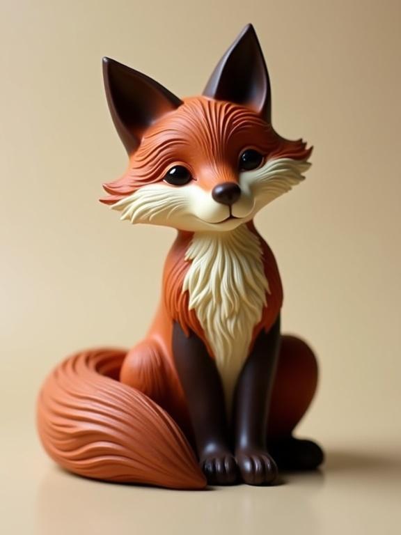 Beautiful fox figure designed with dark chocolate, white chocolate and milk chocolate. Professional studio product photo featuring intricate details and textures.