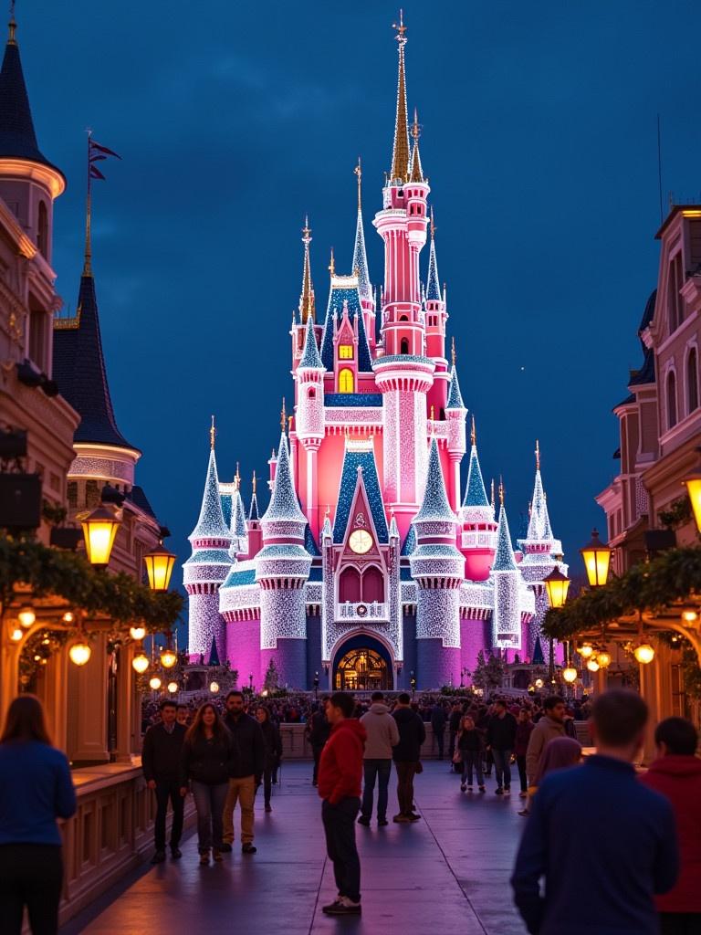 Disney theme park decorated for Christmas. Colorful lights on the castle. Crowds of people walking towards the castle under streetlamps. Evening setting with a dark blue sky.