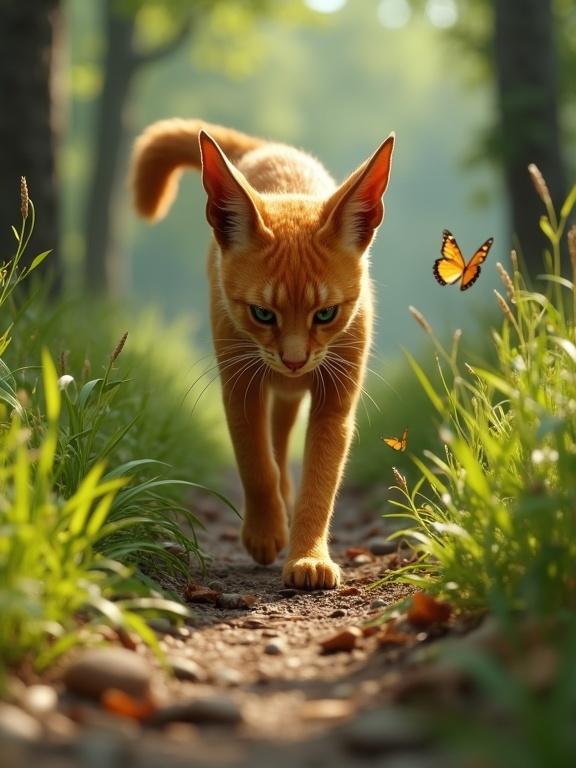First-person view of orange Khajiit walking on forest path. Cat steps on leaves and twigs with furry paws. Tall grass brushes against legs. Butterflies fly near feet. Natural daylight illuminates scene. Hyper-realistic design with vivid colors. Vertical format 9:16 ratio.