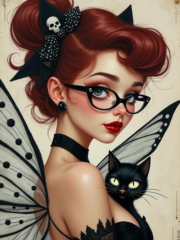 Image of a lovable fairy in rockabilly pin-up style with polka dot wings. Fairy has maroon updo hair, cat-eye glasses, and red lipstick with black cat tattoo in vintage aesthetic. Exquisite Gothability woman fairy with dark twist. Accessories include skull motif bandana and hair clips. Overall aesthetic balances vintage with modern touches.