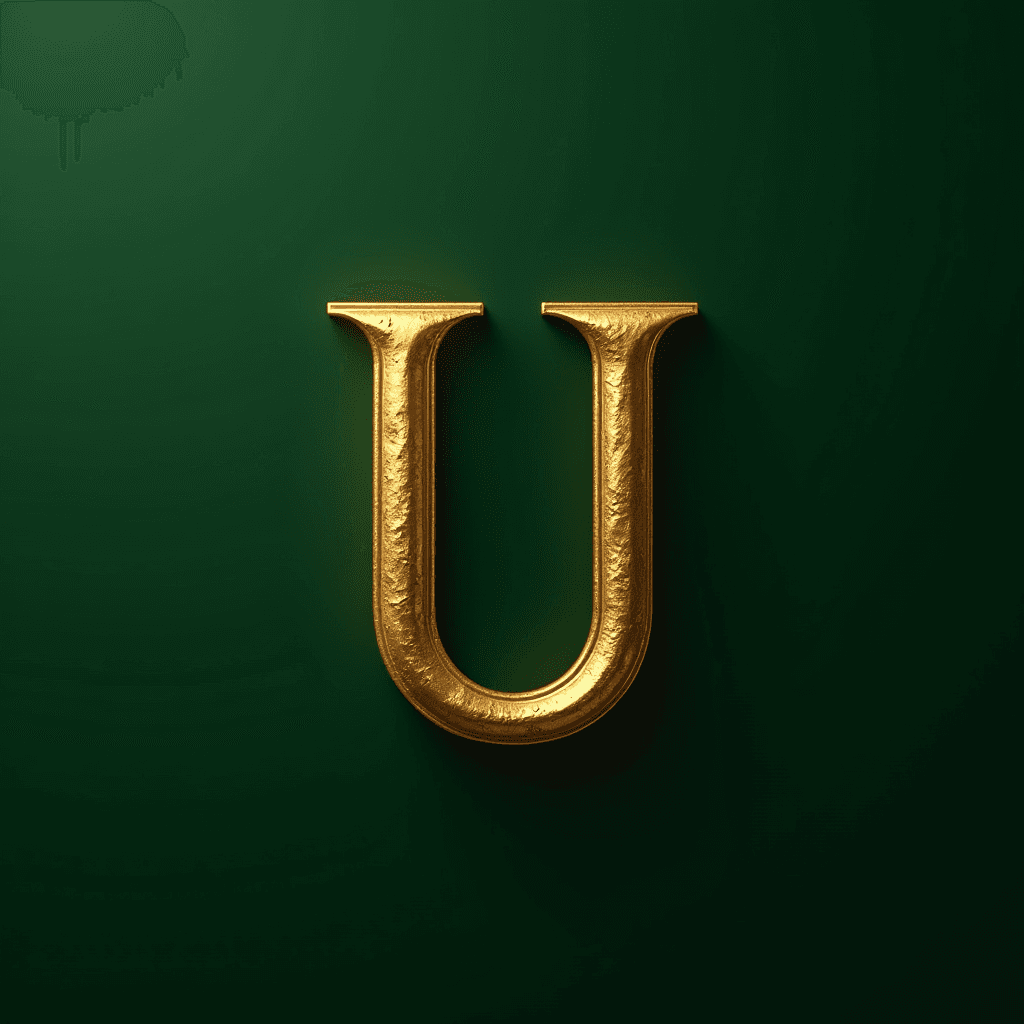 A gold letter 'U' with a textured surface on a dark green background.