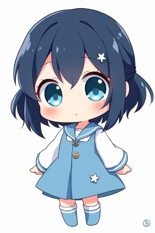 Cute Q-style anime girl chibi character. Four heads tall with simple clean lines. Oversized expressive eyes with cyan irises. Deep indigo hair in a playful bob with star hairclip. Simplified outfit in deep indigo and sky blue with white accents. Star elements on dress and sleeves. Focus on charming expression and minimalist style.