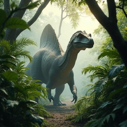 A hyper-realistic Spinosaurus emerging from dense tropical foliage. Partially obscured by ferns and vines. Mist surrounds the scene. Cinematic lighting highlights the scaly texture and tall dorsal sail. Jungle trees frame the Spinosaurus. Sunlight pierces through leaves. The environment includes fog and flying insects. Ultra-detailed textures with cinematic lens flare. Shot with shallow depth of field and realistic lighting.