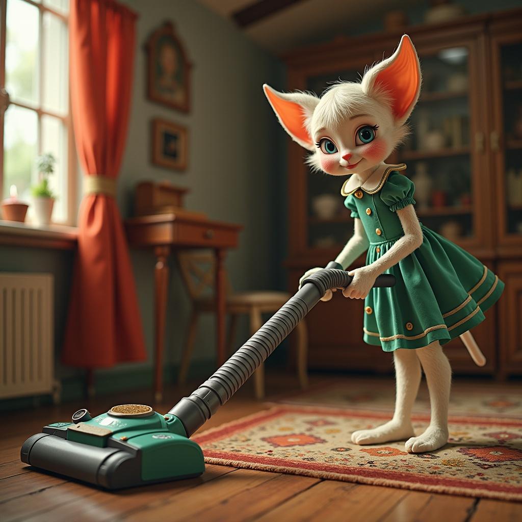 Anthropomorphic cat character in a green dress vacuums a cozy room. There's a cute design and soft lighting. The character resembles a playful elf. Vacuum cleaner is colorful and modern.