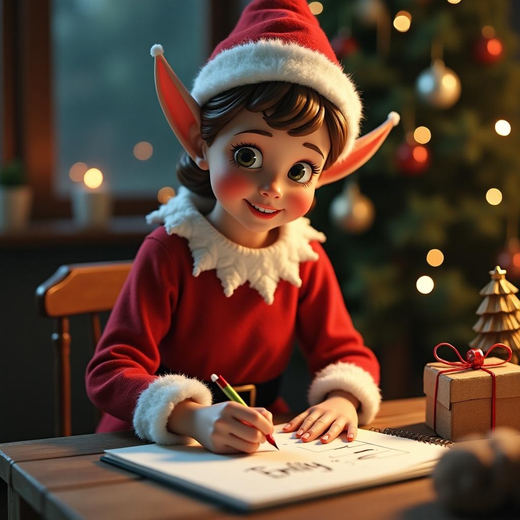 Elf in red and white outfit writing in a notebook. Christmas tree in background. Warm light setting. Happy expression. Pen in hand. Notepad on the table. Gifts near the elf.