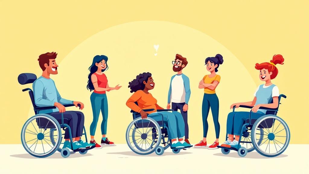 A cartoon illustration features a group of people in wheelchairs. There are both males and females represented. The style is comic and flat vector. Characters have diverse hair colors and styles. They are depicted in a light-hearted manner. Characters exude a feeling of friendship and camaraderie while interacting.