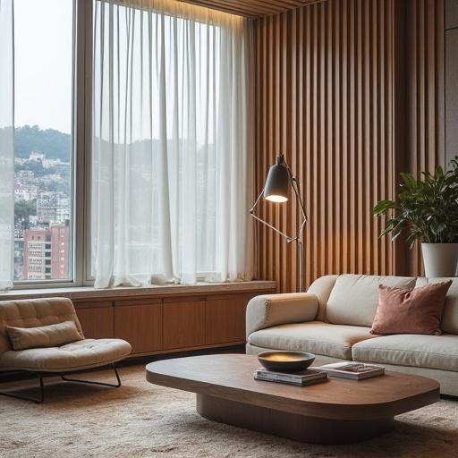 Modern interior living room with a comfortable sofa and coffee table. Large windows allow natural light in. Soft curtains create a cozy atmosphere. Neutral color palette with brown accents. Stylish plant in the corner adds freshness.