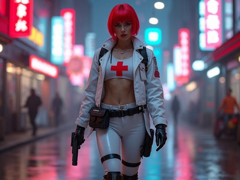 Full body photo of a female cyberpunk medic. Red short hair and white costume with red accents. Red cross on the chest and military boots. Pistol in one hand. Walking towards the camera in a city skyline with neon lights in the background. Urban setting with futuristic vibes.
