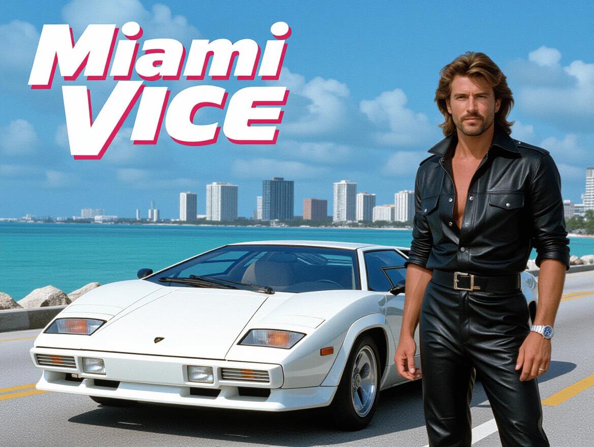 Pôster de Miami Vice. Homem com cabelo longo e camisa preta. Ao lado de um carro Lamborghini Countach branco. Cores vibrantes sob luz solar. Visão completa de uma figura masculina. Ambiente urbano de Miami.