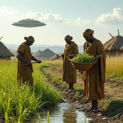 A daytime scene on Kaminar's open plains. Three Kelpiens in tunics work on irrigating a plot of fibrous stalks. One uses a wooden tool in a river; another lifts a basket of greens; a third inspects a plant. Their nodes are dim. The horizon shows thatched huts with wind-swept grasses and a floating island above. Hyper-detailed elements include dewdrops and textured fabrics.