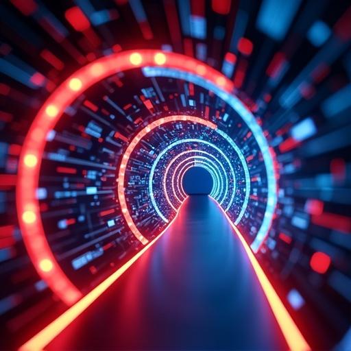 High-tech digital tunnel with glowing red blue and orange light trails curving inward in a spiral pattern. Dark blue to black background suggests high-speed data transmission through futuristic fiber-optic network. Clean vibrant motion-blur style flat design.