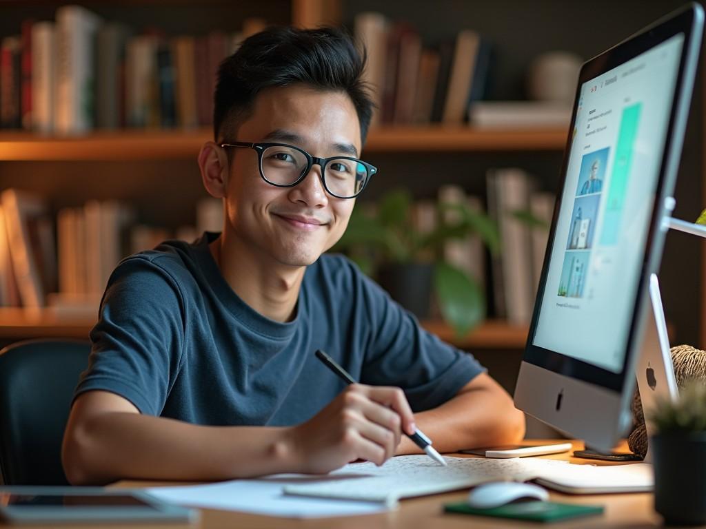 This image features a young man sitting at a desk, engaged in a technological task. He has a friendly smile, showcasing a kind demeanor. The environment includes a modern computer that emphasizes his interest in technology. The setting is warm and inviting with soft lighting, ideal for creating a productive workspace atmosphere. His posture suggests confidence and enthusiasm for his work. This portrait captures the essence of a young individual passionate about technology and learning.