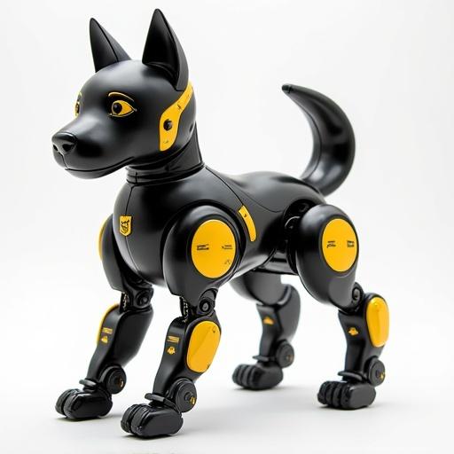 A mechanical dog with a modern design. The dog has black and yellow accents. It features metallic elements and a sleek look. The expression of the dog is friendly, resembling a real dog. It stands on four robotic legs and has a robotic tail.