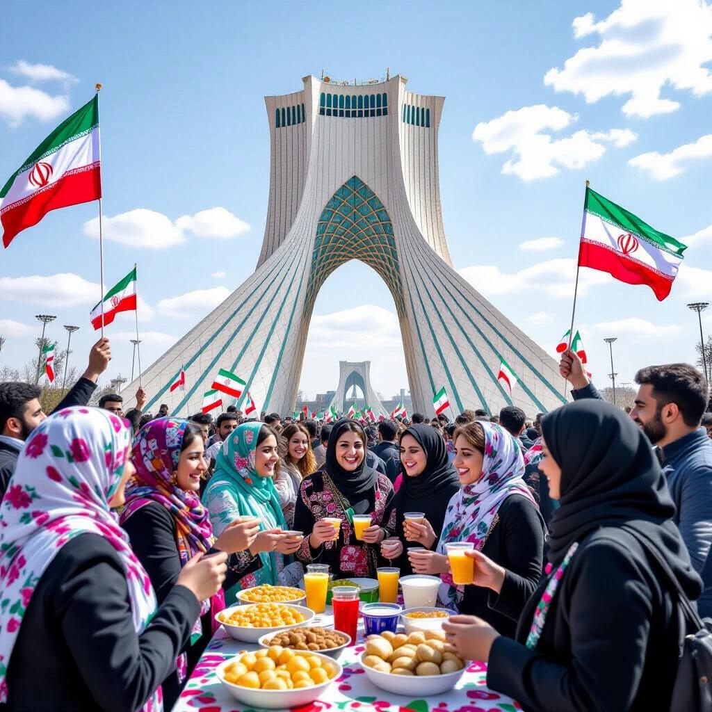 Realistic panoramic scene in Tehran. Ordinary Iranian people celebrate victory after a war. Iconic Azadi Tower prominently displayed. Bright daytime sky filled with joy. Iranian flags waving everywhere. Crowd gathered in celebration. People serving saffron sherbet in plastic cups. Fresh sweets offered along with sangak bread and bowls of yogurt with herbs. Women in colorful scarves and traditional dresses smiling and talking. Children playing with small flags. Young musicians playing traditional music. War-damaged buildings with smoke in the distance suggest hope. Flowers and festive decorations symbolize peace.