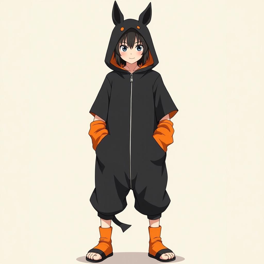 Character design inspired by Naruto wearing a black and orange onesie. Baggy style with puffed shorts, narrow cuffs, big zipper, and hood with ears. Full body view including shoes shown in anime style.