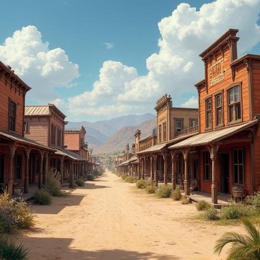 Western town scene with empty dusty street. Wood buildings with a saloon in the foreground. Lush foliage peeking through sandy ground. Hills visible in background under a blue sky with clouds.