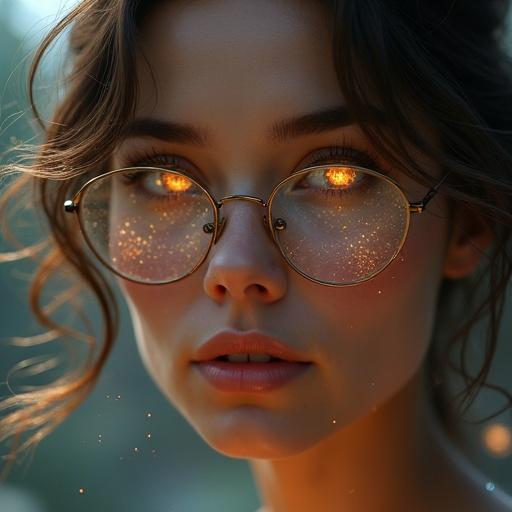 A beautiful woman removes glasses. Her eyes glow faintly with magical power. Intricate runes reflect in her iris. Soft cinematic lighting surrounds her. Flowing hair moves in a gentle wind. Her face shows emotion. Magical energy distorts the air. Glowing particles float around her. The atmosphere feels enchanted. Color grading is soft.