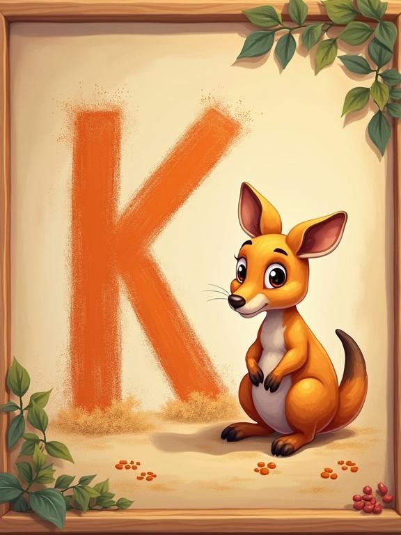 Adorable cartoon illustration with sandy-beige chalkboard and bouncy letter 'K' drawn in warm orange chalk. Big friendly eyes and tiny paws on 'K'. Baby kangaroo peeks from chalk-drawn pouch with floppy ears and curious expression. Playful details like chalk dust clouds and tiny footprints. Wooden chalkboard frame with doodled eucalyptus leaves. Soft earthy tones and warm lighting.