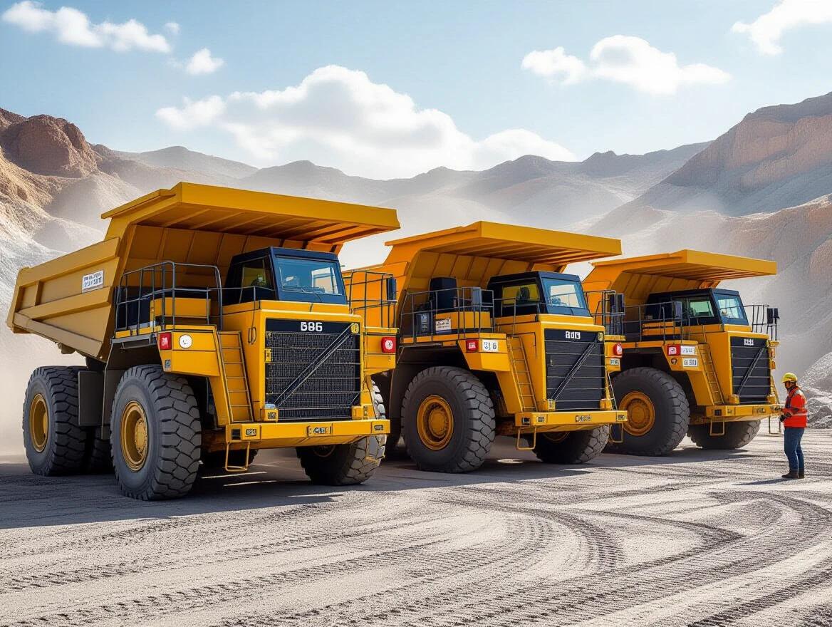 Ultra-realistic horizontal image features large yellow mining trucks during maintenance in a dusty mining environment. Focus on air conditioning components and open access panels. Human figures appear smaller than trucks. Detailed textures on metal surfaces and dust. Sharp focus and cinematic lighting.