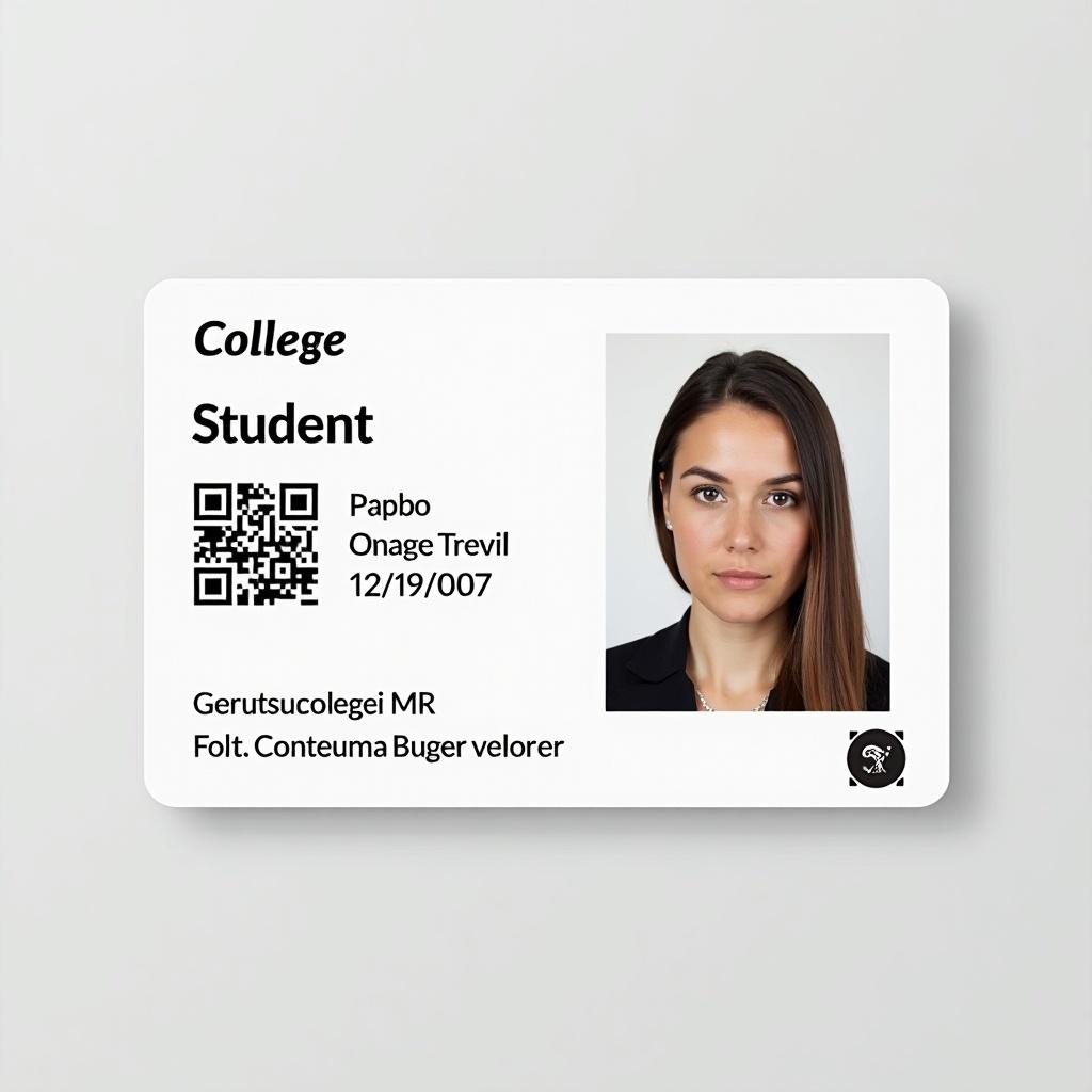 This image displays a student ID card from a German college. The card is prominently white, with bold text highlighting the word 'Student.' It includes a birth date of 12/19/2005 and features a QR code linking to personal data. The layout is professional, typical of college ID cards, presenting a serious and academic tone. The photo showcases the student in a formal manner, fitting the identity verification purpose of the card. Overall, it conveys a sense of legitimacy and educational status.