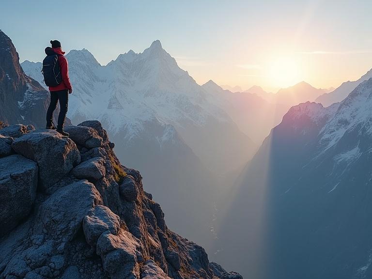 A hiker in red stands on rocky terrain overlooking majestic mountains during sunrise. A range of peaks fills the background with clear sky and golden sunlight.