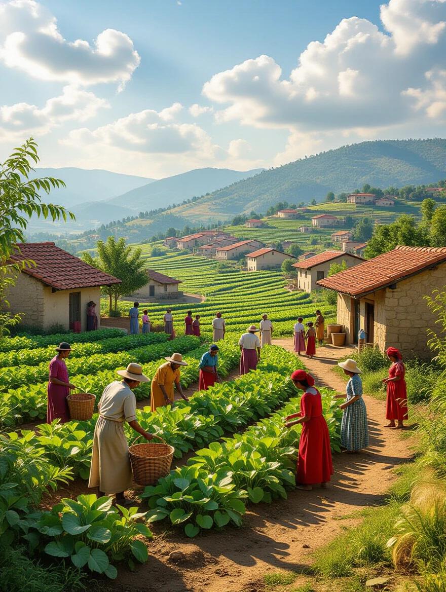Flourishing community in Canaan with people farming in a vibrant landscape. Everyone is celebrating and living in harmony. Fields are lush and the scene shows the spirit of nation building.