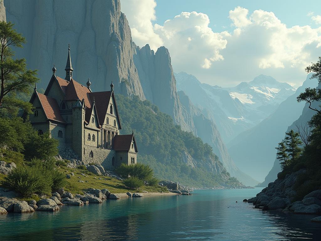 A fantasy landscape showcasing a medieval castle by a tranquil river surrounded by towering mountains and lush greenery.