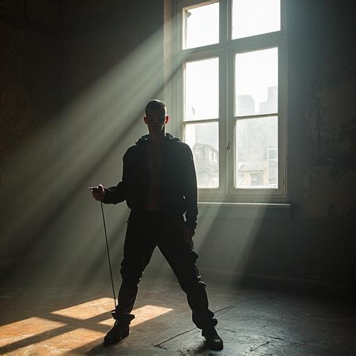 Photo of a contrortionist posing in a studio. Big window creates diffused light. The setting emphasizes unique body posture and movement.