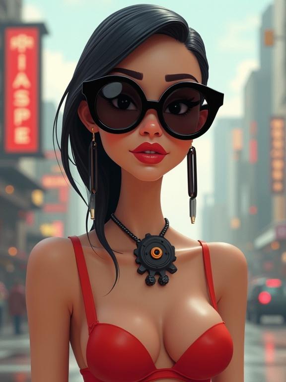 3D cartoon woman with sleek features wearing oversized sunglasses and a gear necklace. Dressed in red lingerie with delicate shading. Ethereal soft-focus background of a steampunk cityscape creates a minimalist atmosphere.