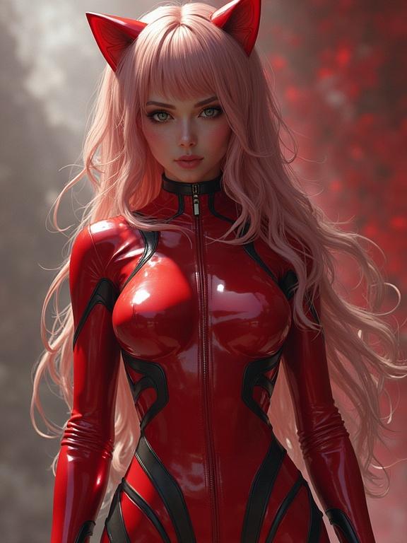 Portrait of a character with pink hair and cat ears. Character wears a sleek red catsuit with black accents. Background features a soft, abstract atmosphere.