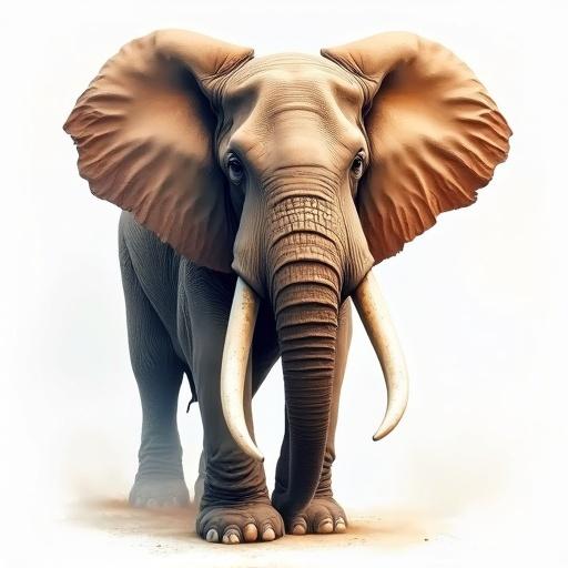 Strong large elephant with stunning white tusks. Watercolor technique. Soft brush stroke effect. Portrait style.