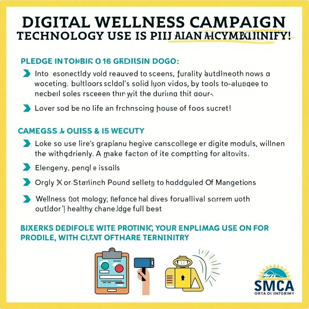 This image outlines a digital wellness campaign aimed at promoting healthy technology use in a school community. The campaign encourages students to reduce screen time during school hours. It includes a pledge for students to commit to healthier tech habits. Daily announcements will inform and engage students about the initiative. The campaign will feature wellness challenges to motivate participation and raise awareness. Educational materials will be distributed to inform students about the impact of excessive screen use. The goal is to create a healthier, more balanced approach to technology use in the school setting.