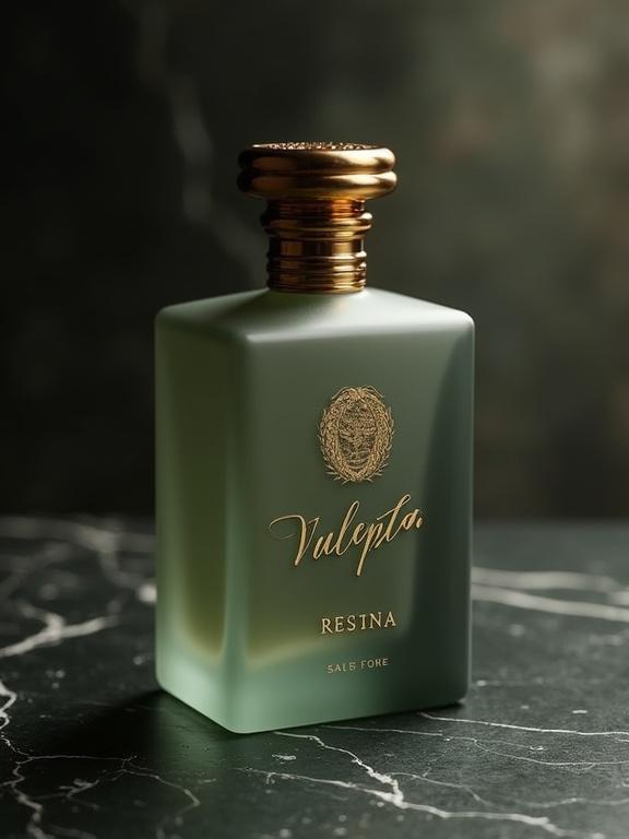 Niche artisan perfume bottle design. Frosted glass bottle in warm stone-gray. Engraved gold serif logo. Fragrance name embossed in deep green. Gold-accented cap.