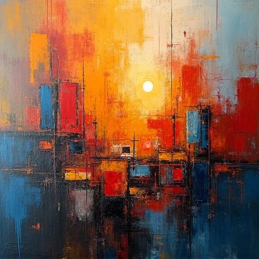 Colorful abstract art featuring geometric shapes. Dominant sunset colors create a vibrant atmosphere. Squares and rectangles in contrasting tones. Mood evokes creativity and warmth.