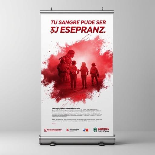 Design a vertical roll-up poster (85x200 cm) for a blood donation campaign targeting military and civilian personnel. The design incorporates six images in harmonious inclined bands with smooth transitions. Centered on a white background, the red slogan 'Tu sangre puede ser su esperanza' stands out. Predominant colors are red, white, and warm tones for a positive and heroic tone. Bottom section includes space for logos of Ministry of Defense, Army, Air Force, and Navy. The style is modern, emotional, and institutional with clear uppercase typography.