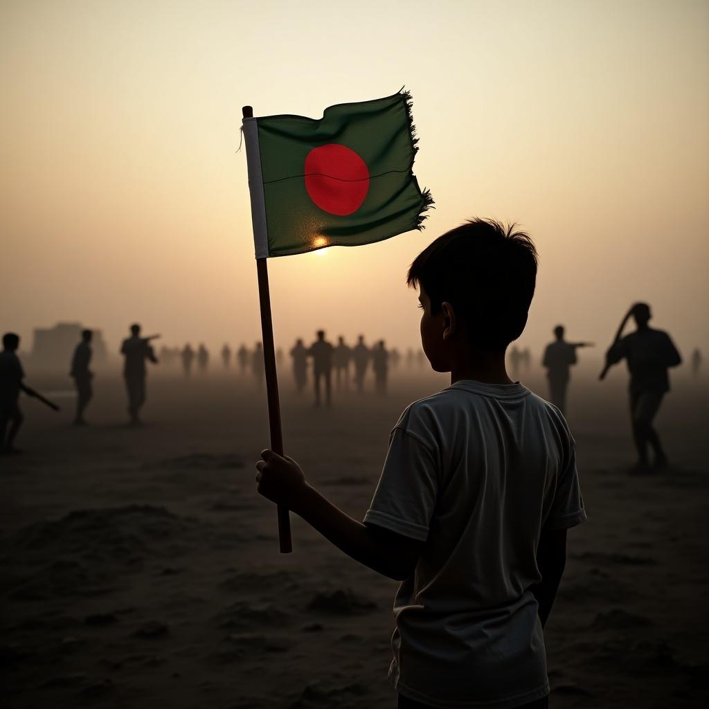 A boy stands holding the flag of Bangladesh. The setting is a battlefield in the background. Time is dusk, casting a somber mood. The boy is focused on the horizon unaware of the chaos.