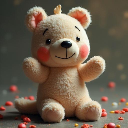 A cute teddy bear plush toy with a warm smile and rosy cheeks. The bear is sitting with arms open, surrounded by colorful candy scattered on the floor. The setting is inviting and playful.