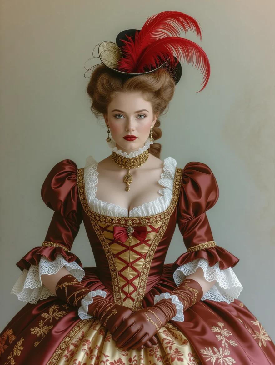 A stunning woman wears an elaborate Rococo gown with gilded details. The dress features a corseted bodice and a voluminous skirt. Vintage accessories complement the outfit. Soft lighting creates an ethereal atmosphere.