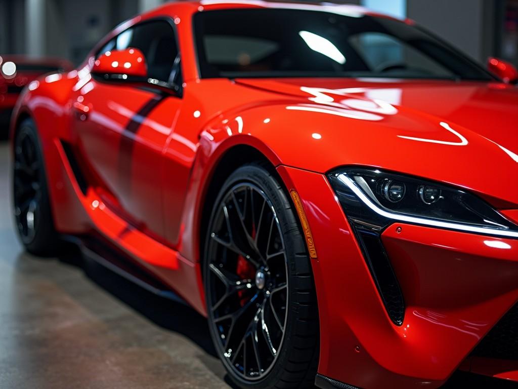 The image showcases a vibrant red sports car, highlighted by its glossy finish and aerodynamic design. The focus is on the front half of the car, emphasizing its sharp headlights and sleek contours. The setting appears to be indoors, suggesting a showroom environment with polished concrete floors reflecting the car's vivid color.