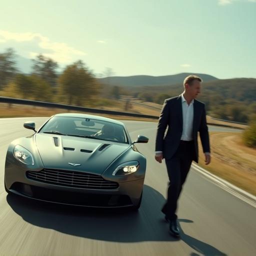James Bond in a suit is being chased by an Aston Martin on a racing circuit. Bond manages to get ahead of the Aston Martin and escape.
