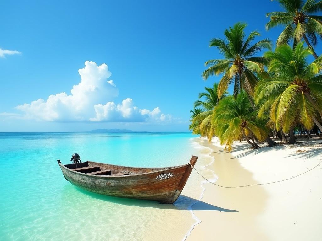 The scene depicts a tranquil tropical beach with a clear blue sky. In the foreground, there is an old wooden boat gently floating on the sparkling turquoise water. The boat has a rustic charm, with a weathered surface hinting at its history. In the background, lush green palm trees line the shore, swaying slightly in the breeze. The sandy beach is pristine and inviting, radiating a sense of peace and relaxation. A few fluffy clouds drift lazily across the sky, adding to the idyllic atmosphere. The overall feeling of the scene is calm and serene, perfect for a getaway.