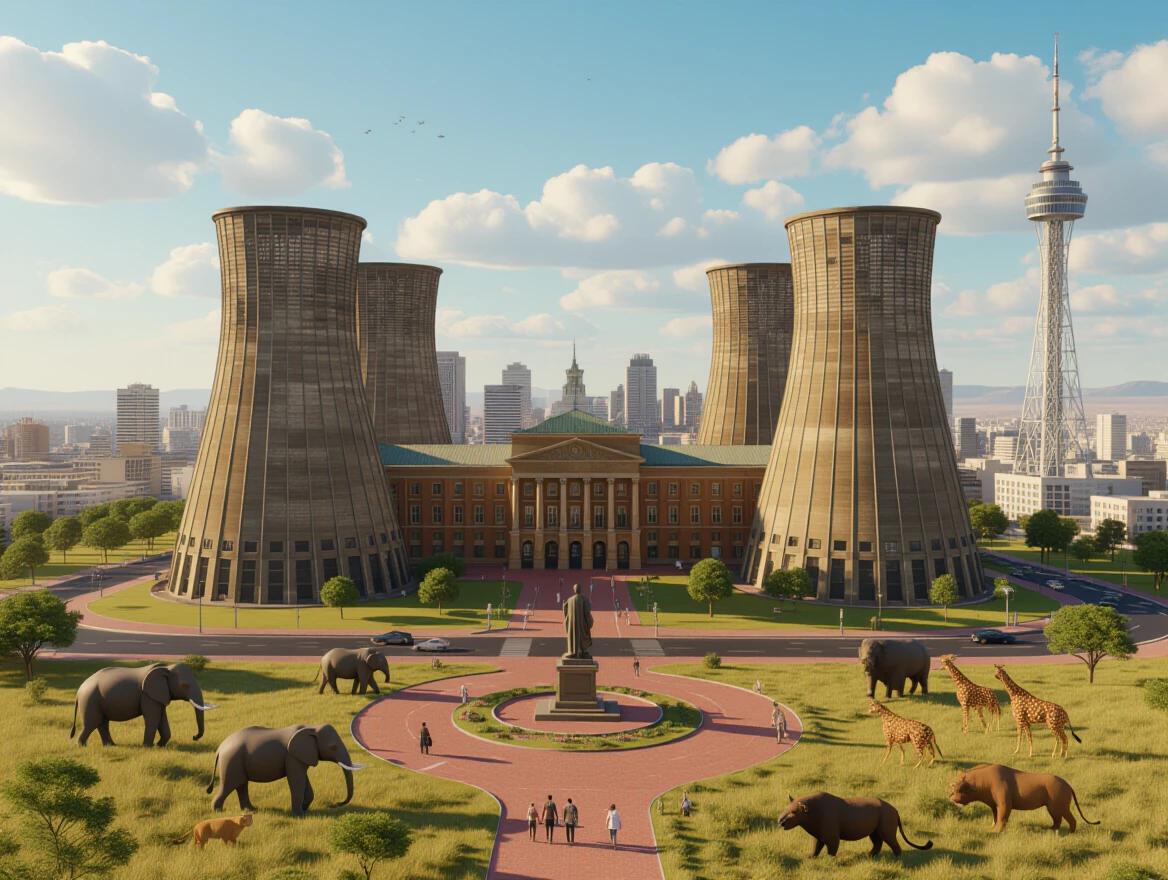 A vibrant cityscape of Johannesburg showcasing two decommissioned cooling towers of Orlando Power Station. The image features Nelson Mandela statue at Nelson Mandela Square. Hillbrow Tower visible in the distance. Elephants giraffes lions leopards buffaloes and rhinoceroses roam the savanna. The scene is captured in a realistic and delicately stylized 3D animation style. The composition is wide-angle and symmetrical from a bird’s-eye view. The colors are vivid and saturated with a slightly dreamy feel.